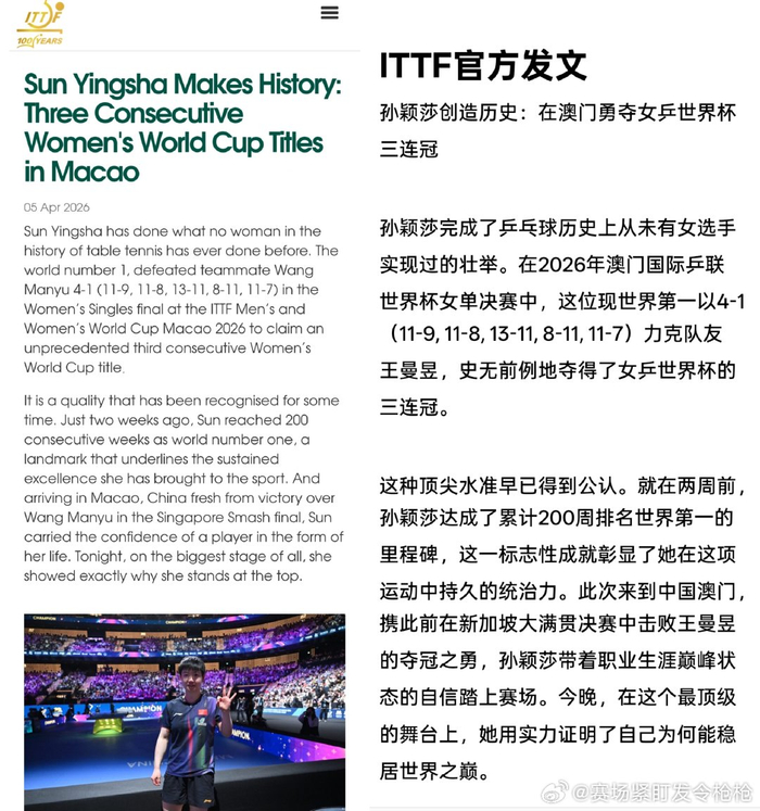 开云体育网页版-孙颖莎澳门世界杯三连冠创女乒历史|王曼昱|女乒世界杯|国际乒联|澳门国际乒联世界杯|ITTF_新浪体育_新浪新闻